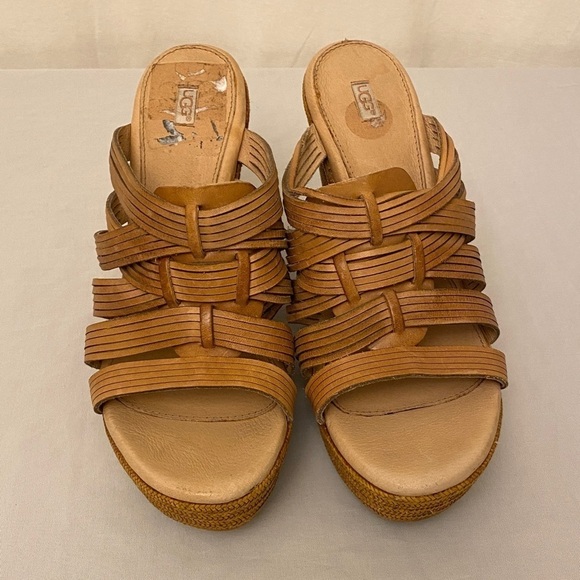 UGG Melinda Strappy Platform Sandals Slip On Wedges Tan Leather Size 11 - Picture 5 of 13
